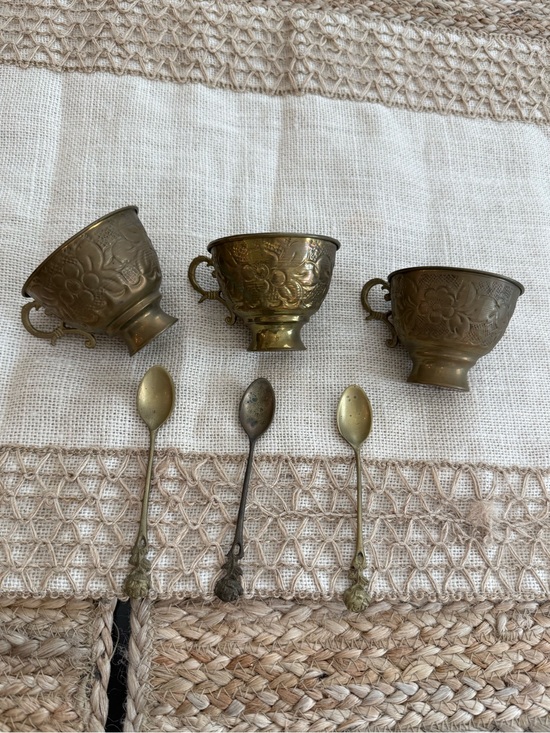 Other - Vintage Floral Embossed brass Tea Cups with Spoons